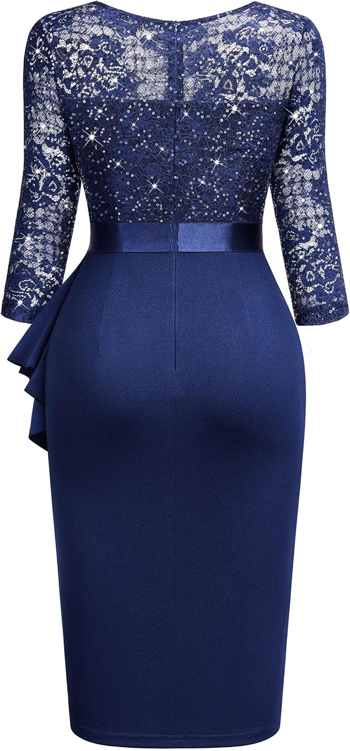 Miusol Women's Retro V Neck Floral Lace Ruffle Style Cocktail Party Dress