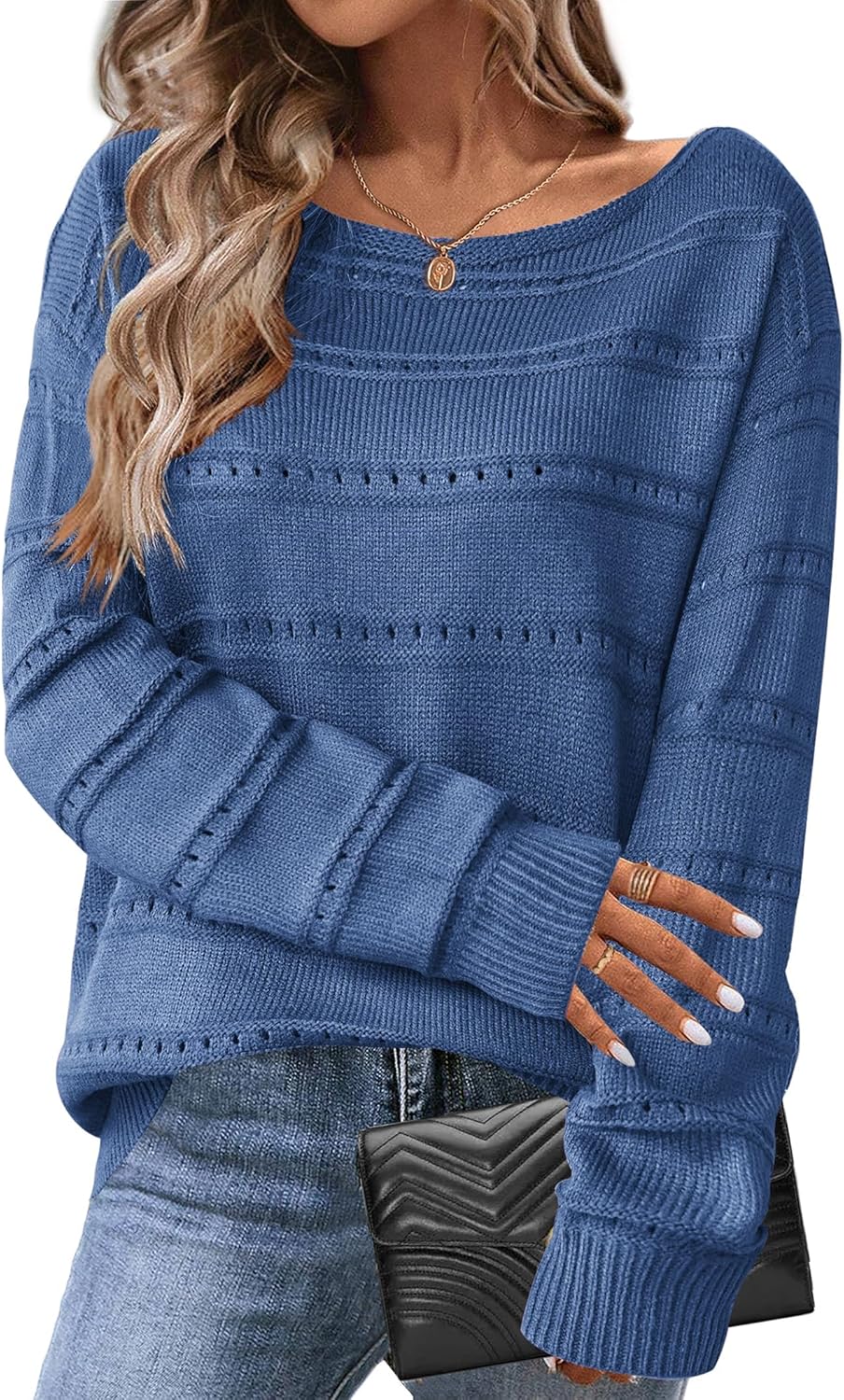 Zeagoo Womens Sweaters Cute Long Sleeve Off The Shoulder Pullover Tops Hollow Out Crochet Dressy Casual Outfits
