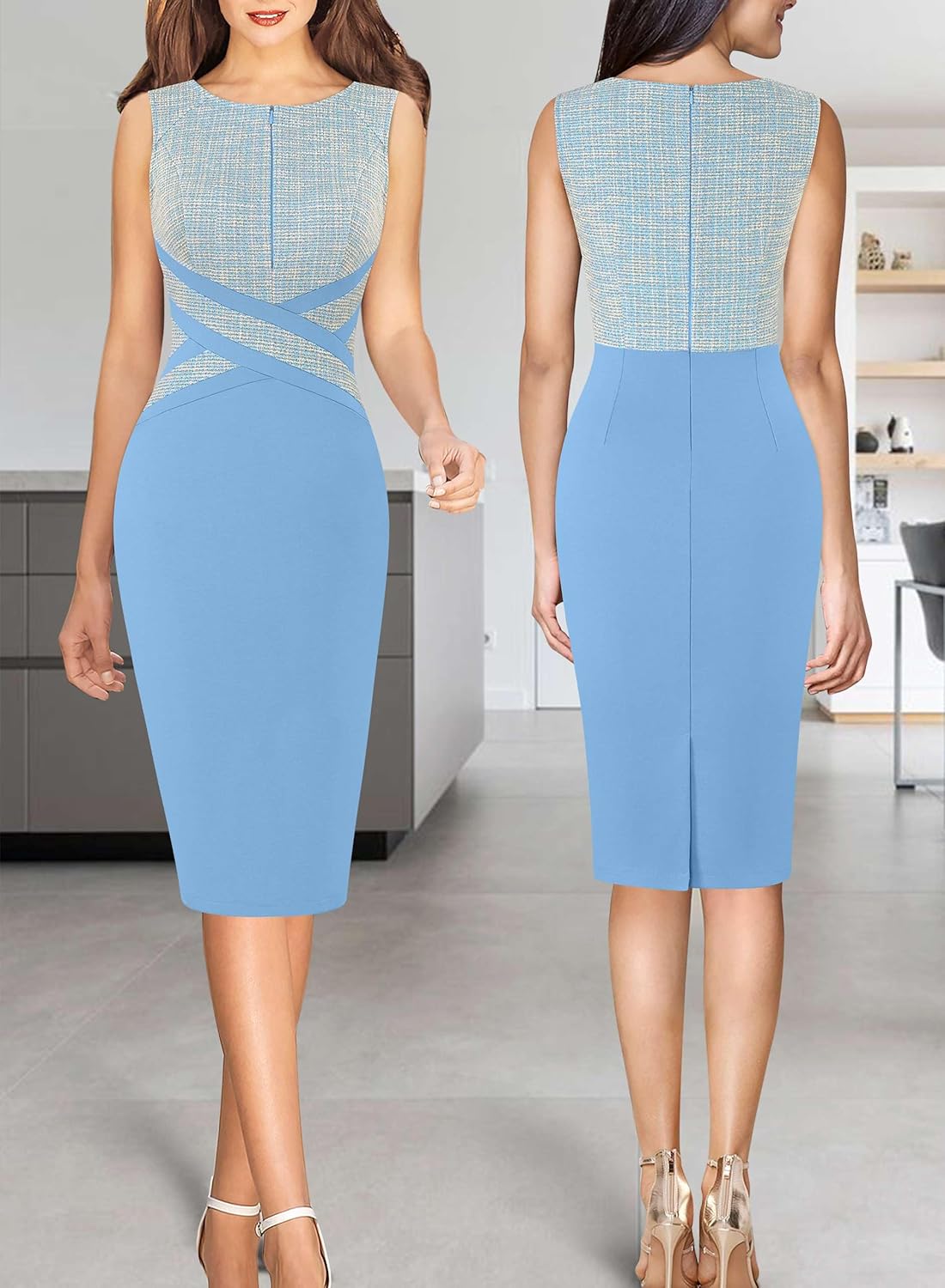 VFSHOW Womens Colorblock Patchwork Slim Front Zipper Work Business Office Party Bodycon Pencil Sheath Dress