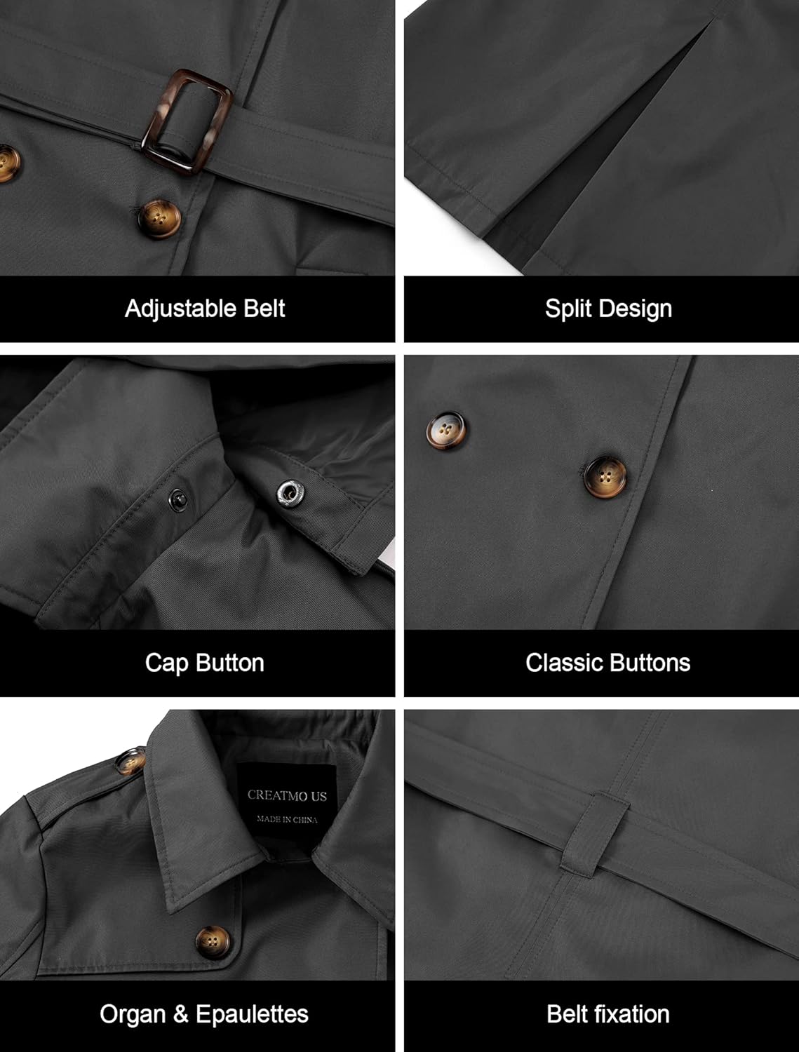 CREATMO US Women's Trench Coat Double-Breasted Classic Lapel Overcoat Belted Slim Outerwear Coat with Detachable Hood