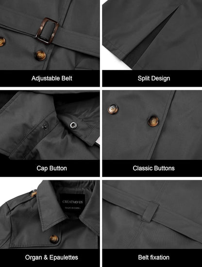 CREATMO US Women's Trench Coat Double-Breasted Classic Lapel Overcoat Belted Slim Outerwear Coat with Detachable Hood