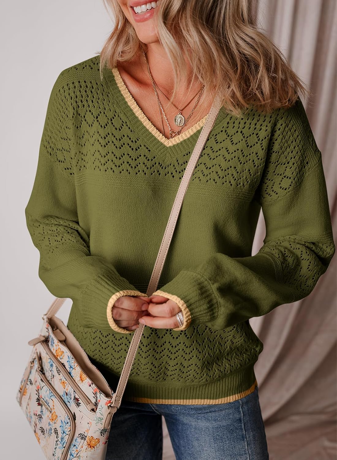 Womens Sweaters Causal Long Sleeve V Neck Lightweight Corchet Pullover Sweater Tops