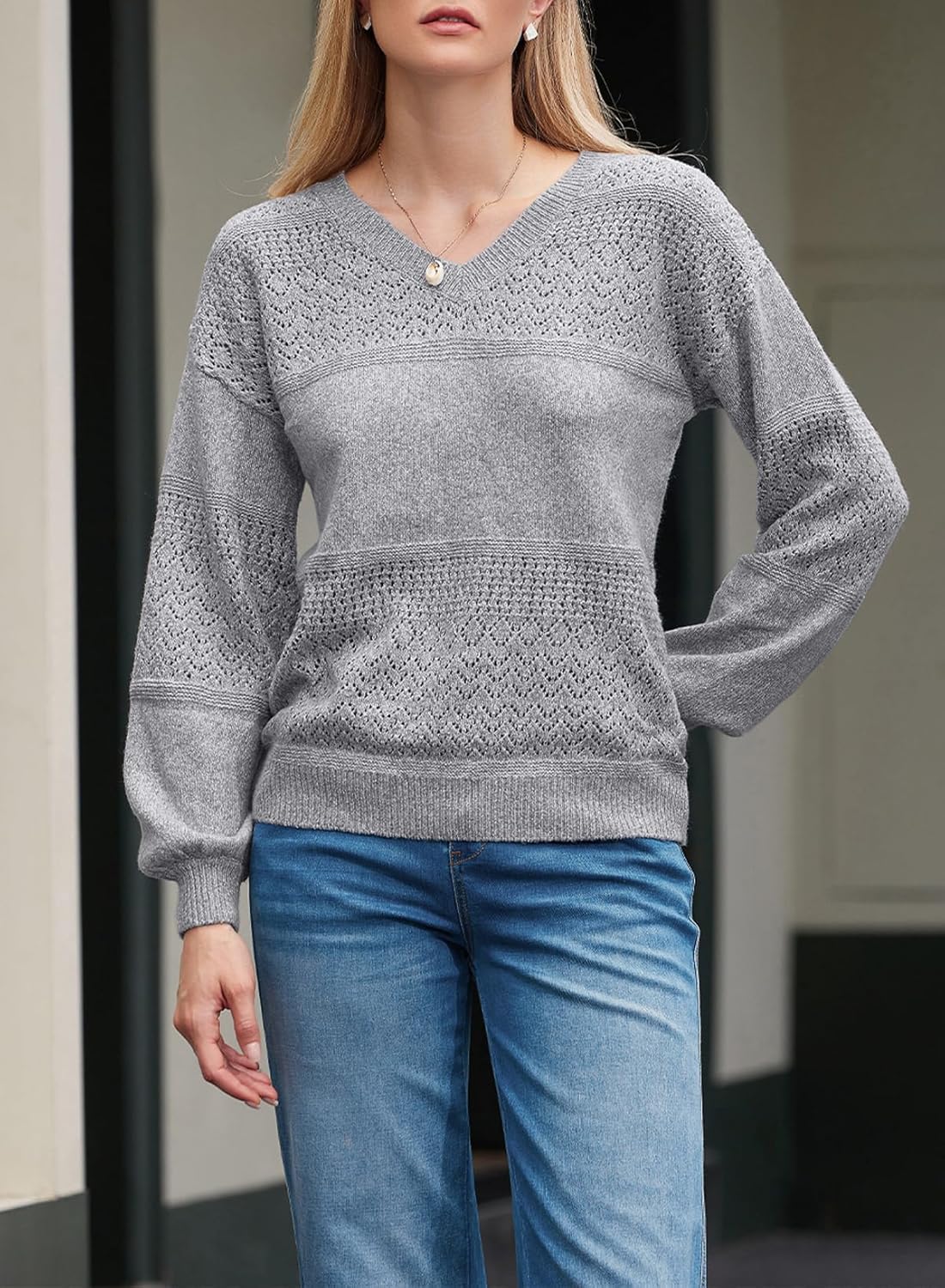 Womens Sweaters Causal Long Sleeve V Neck Lightweight Corchet Pullover Sweater Tops