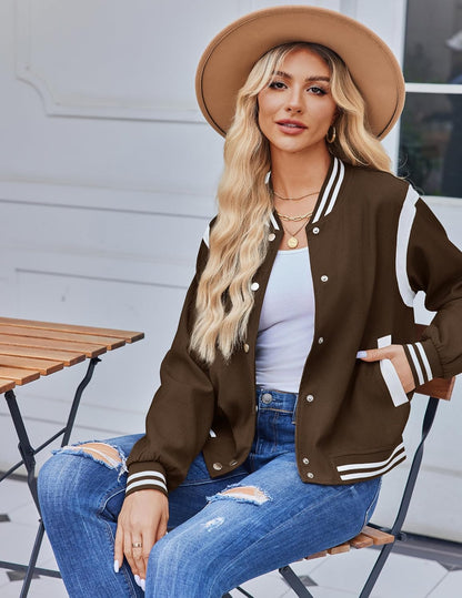 Zeagoo Bomber Jacket Women Varsity Casual Button Down Lightweight 2025 Fall Fashion Short School Outfits with Pockets