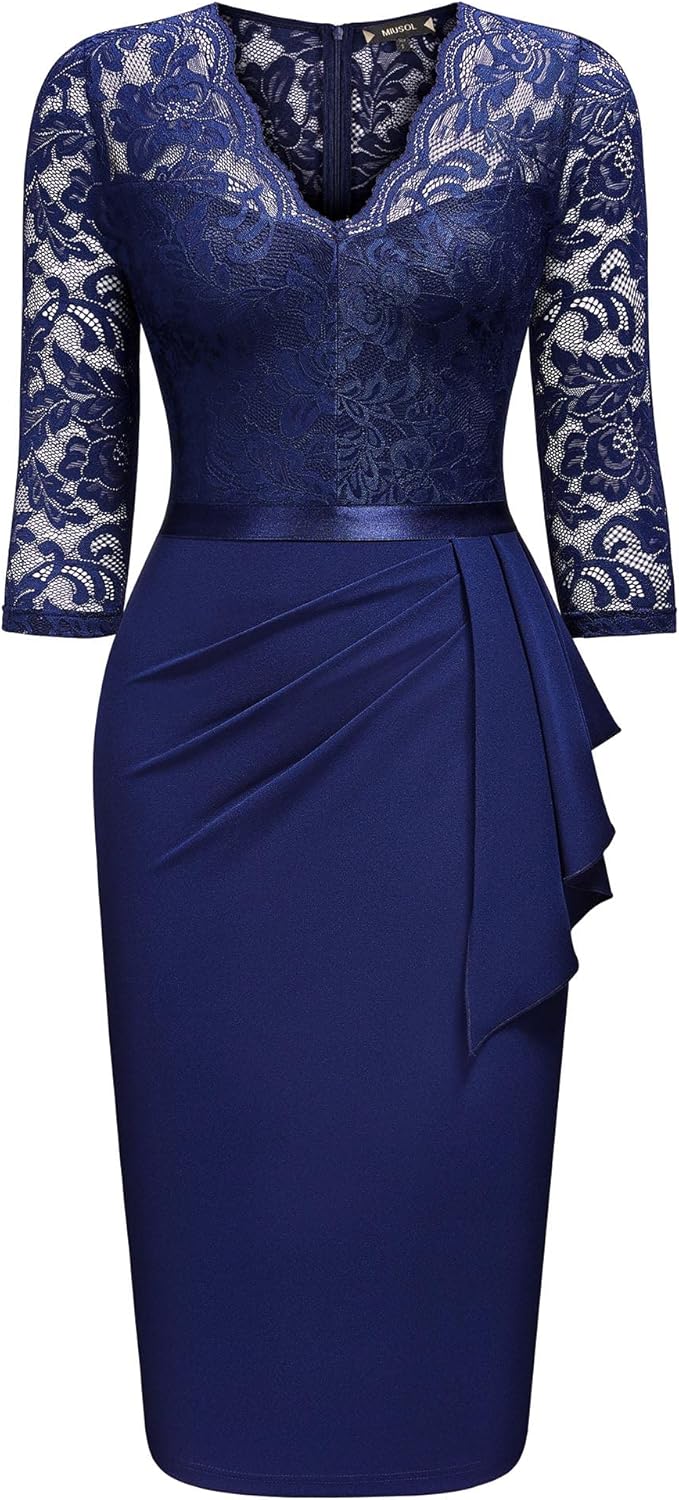 Miusol Women's Retro V Neck Floral Lace Ruffle Style Cocktail Party Dress