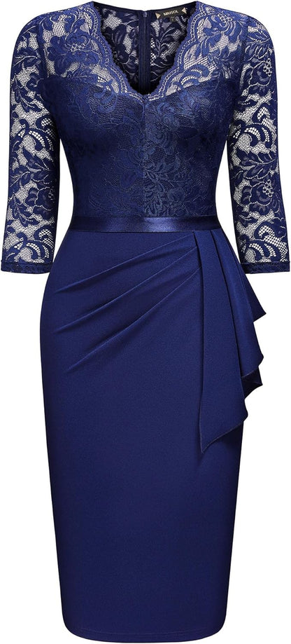 Miusol Women's Retro V Neck Floral Lace Ruffle Style Cocktail Party Dress