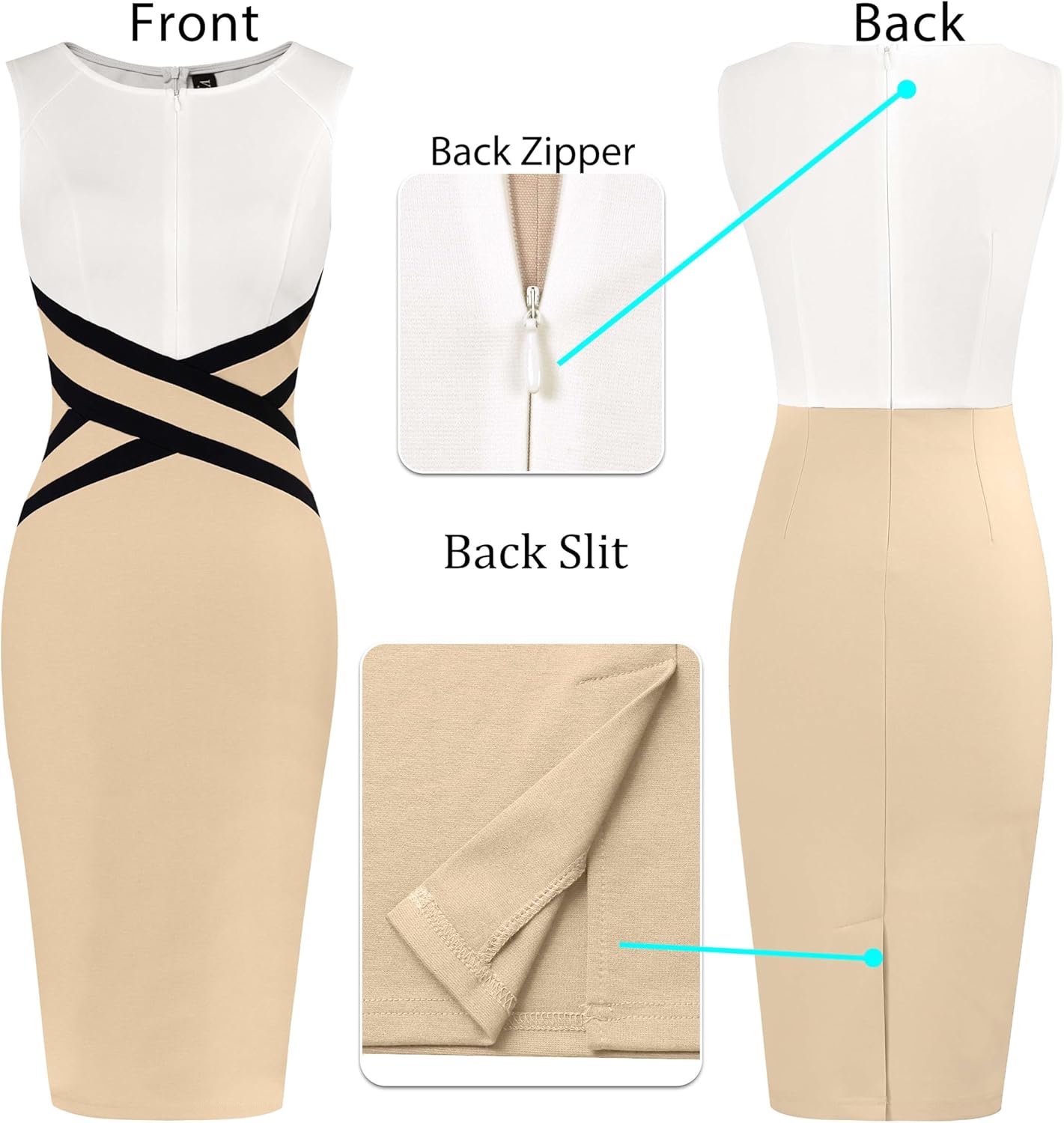 VFSHOW Womens Colorblock Patchwork Slim Front Zipper Work Business Office Party Bodycon Pencil Sheath Dress