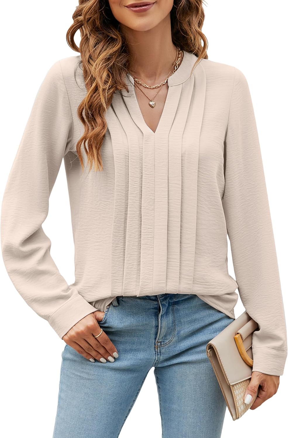 Blooming Jelly Women's Dressy Casual Blouses Business Work Tops Long Sleeve V Neck Pleated Shirts 2025 Fall Outfits