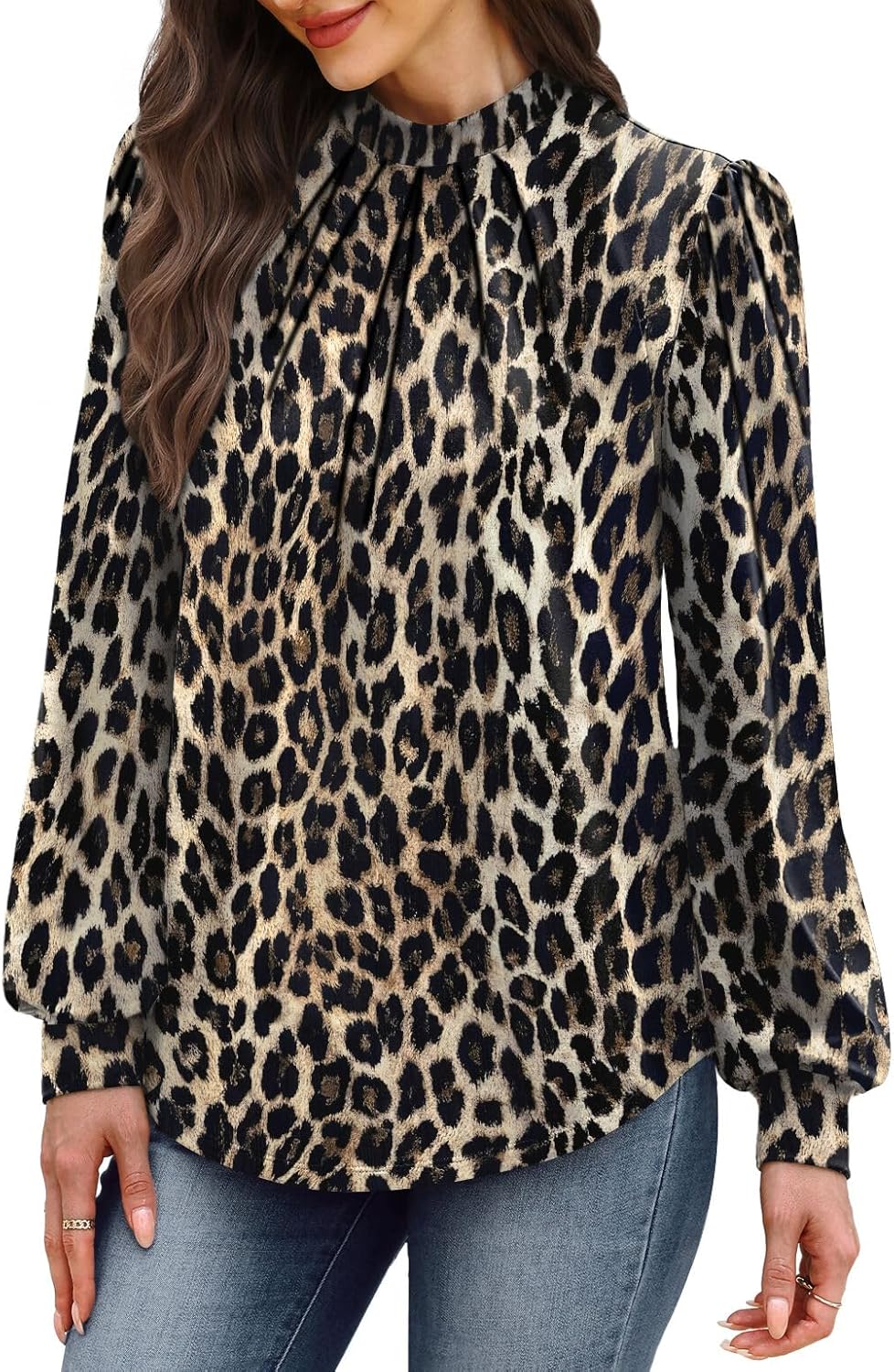 WIHOLL Long Sleeve Shirts for Women Mock Neck Tops Pleated Front Blouses Dressy Casual Fall Clothes 2025 Fashion