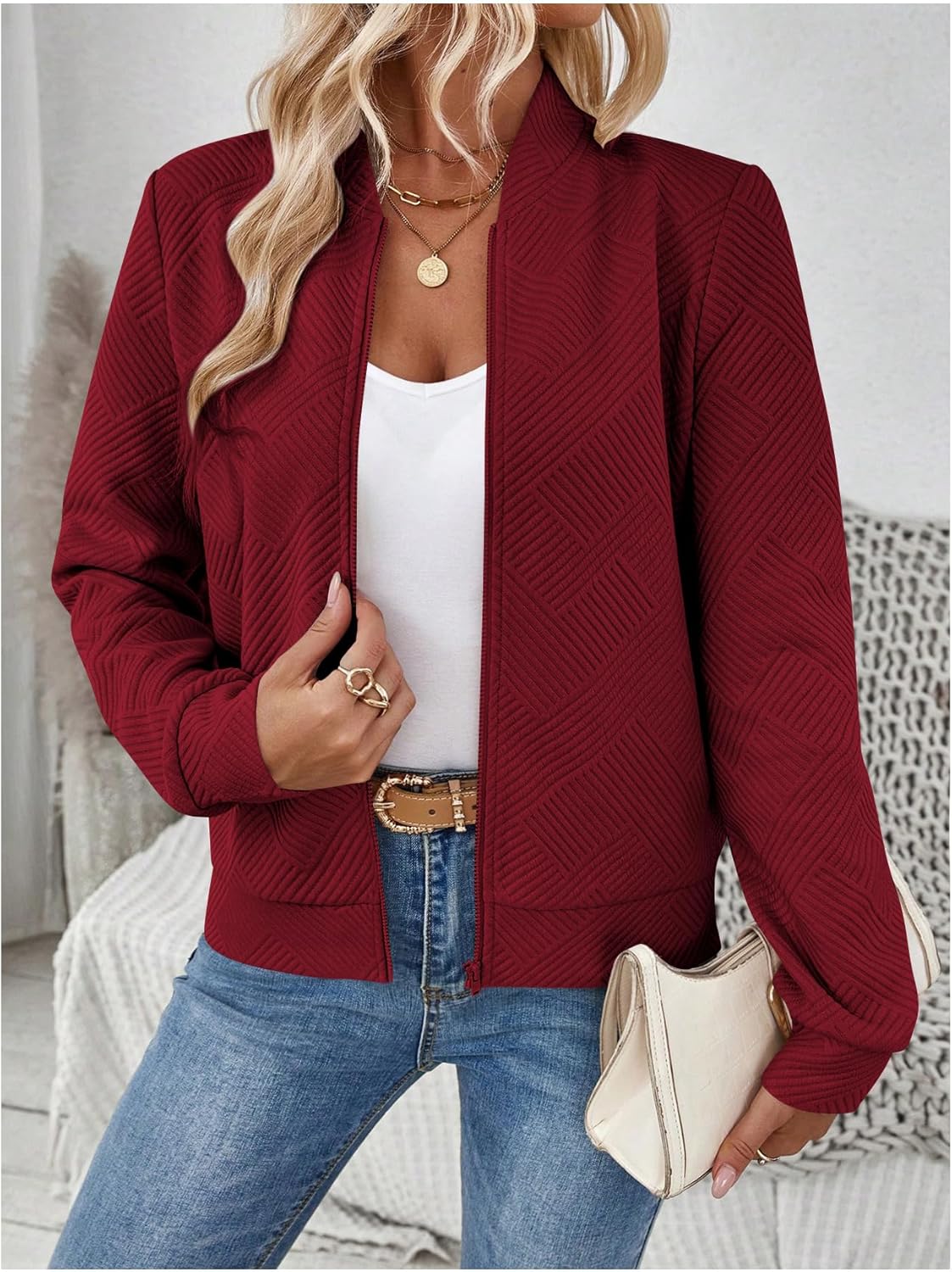 Verdusa Women's Zip Up Textured Lightweight Bomber Jacket Casual Long Sleeve Outerwear