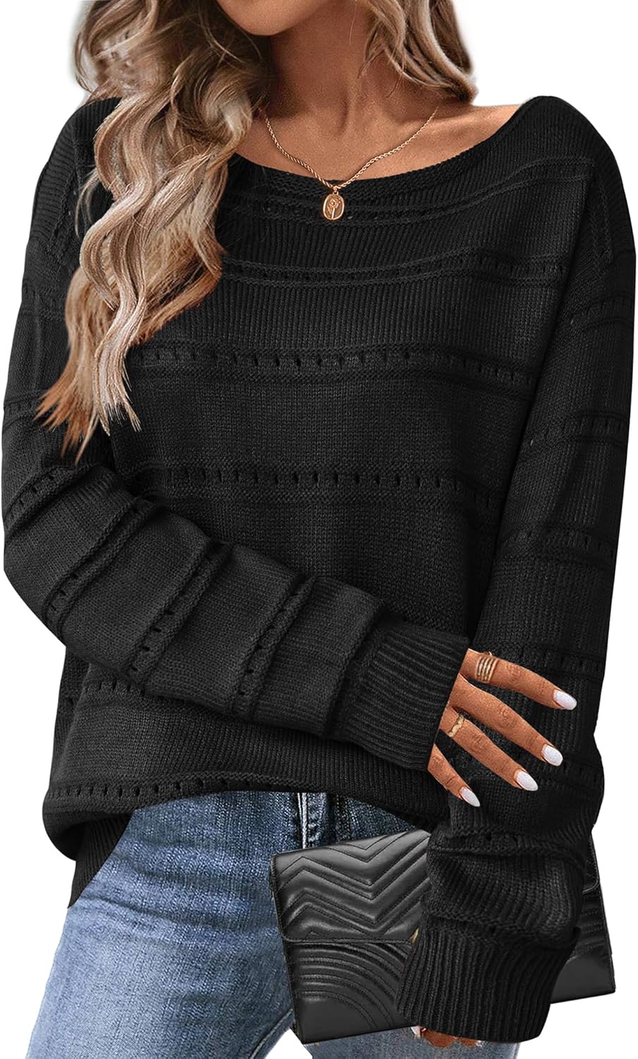 Zeagoo Womens Sweaters Cute Long Sleeve Off The Shoulder Pullover Tops Hollow Out Crochet Dressy Casual Outfits