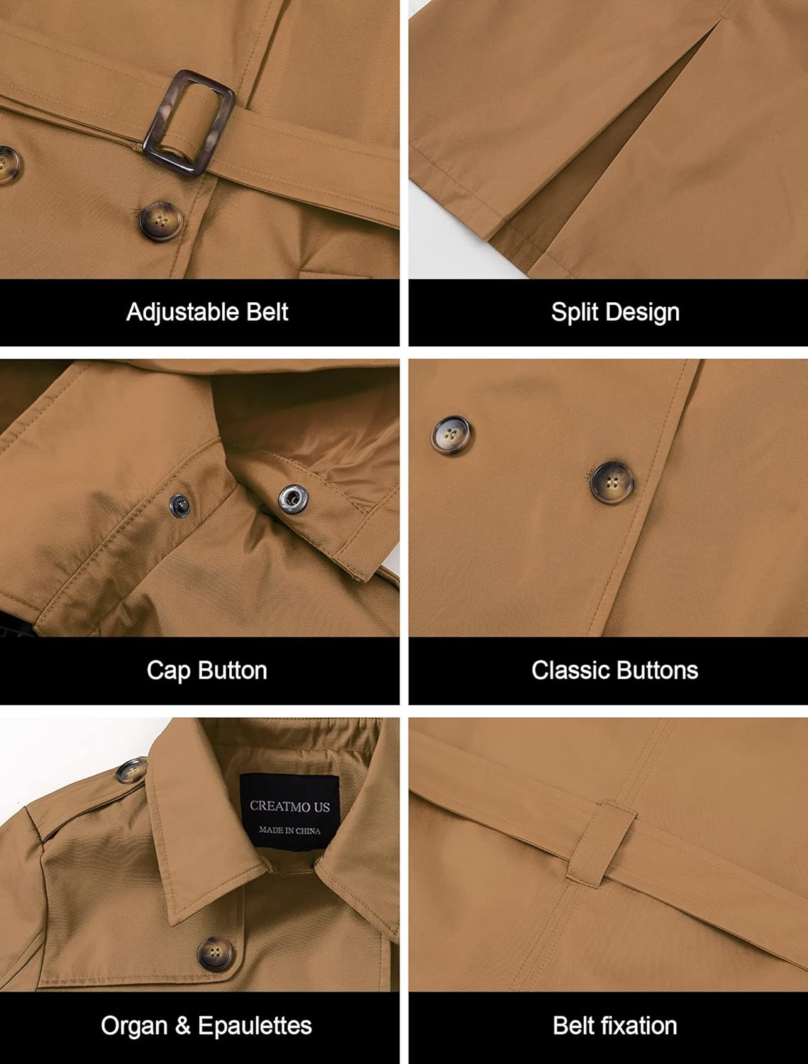 CREATMO US Women's Trench Coat Double-Breasted Classic Lapel Overcoat Belted Slim Outerwear Coat with Detachable Hood