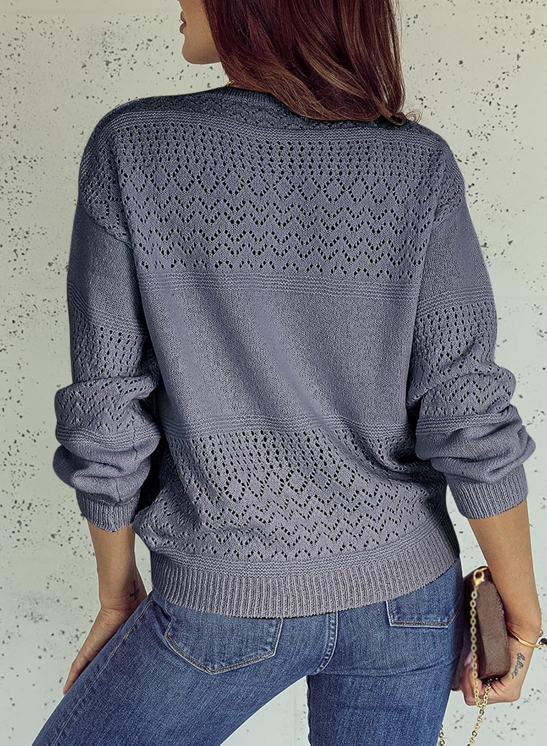Womens Sweaters Causal Long Sleeve V Neck Lightweight Corchet Pullover Sweater Tops