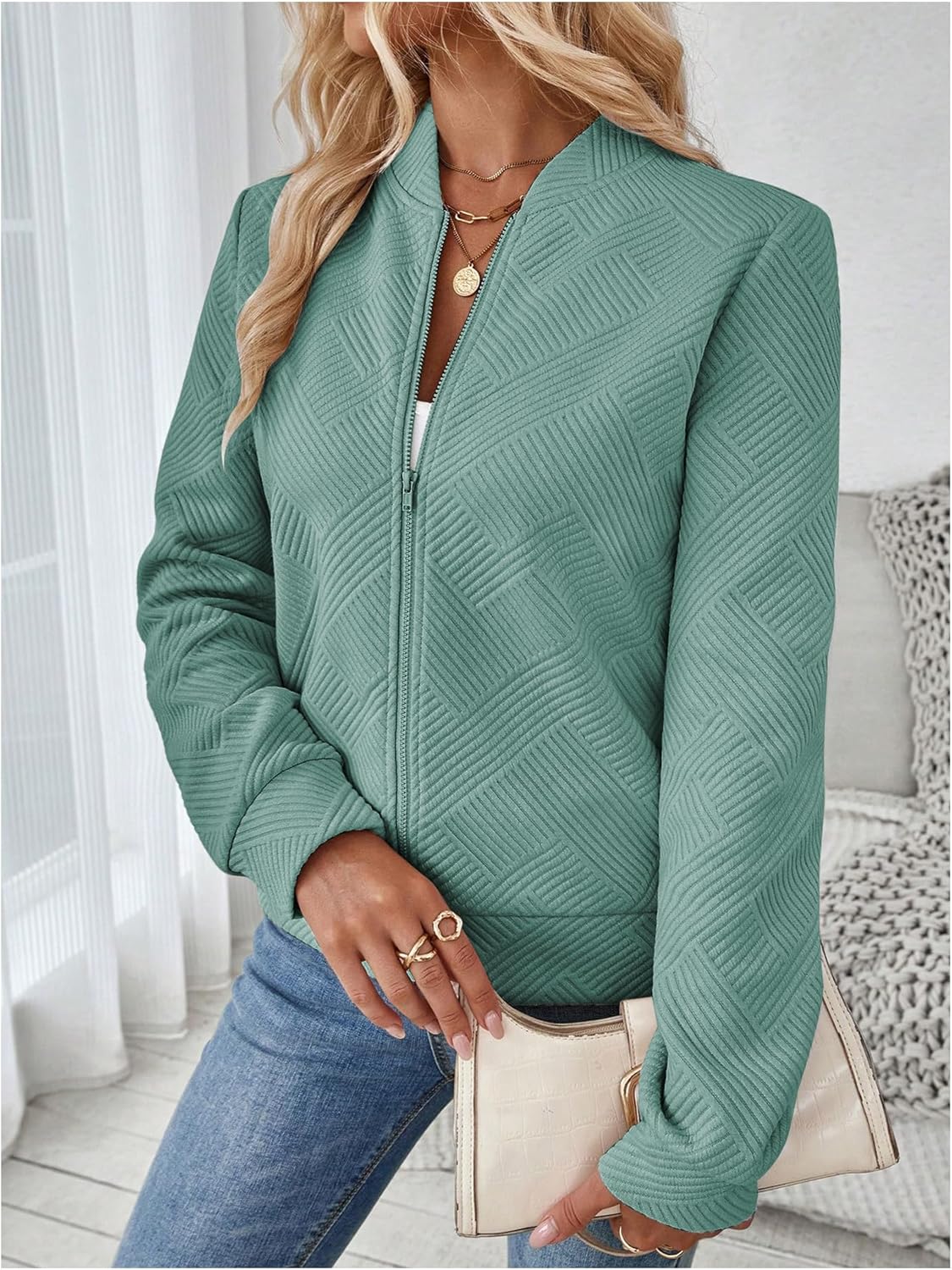 Verdusa Women's Zip Up Textured Lightweight Bomber Jacket Casual Long Sleeve Outerwear
