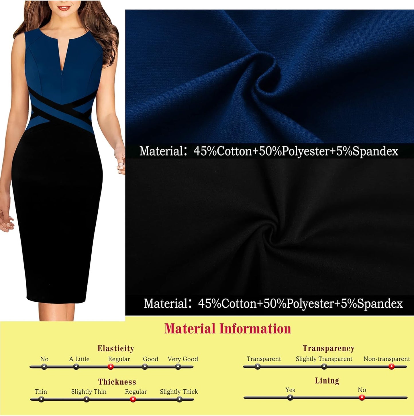 VFSHOW Womens Colorblock Patchwork Slim Front Zipper Work Business Office Party Bodycon Pencil Sheath Dress