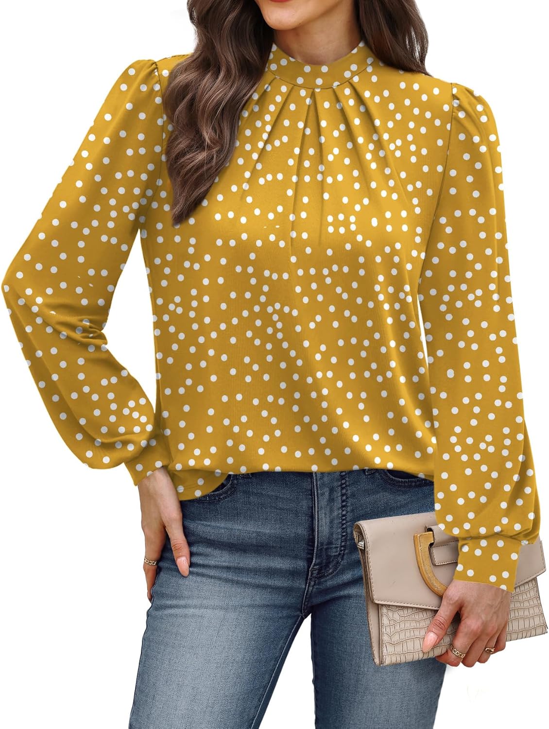WIHOLL Long Sleeve Shirts for Women Mock Neck Tops Pleated Front Blouses Dressy Casual Fall Clothes 2025 Fashion