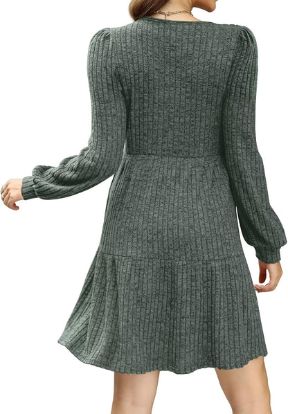 SAMPEEL Fall Dresses for Women 2025 Clothing Trendy Square Neck Long Sleeve A Line Sweater Dress with Pocket