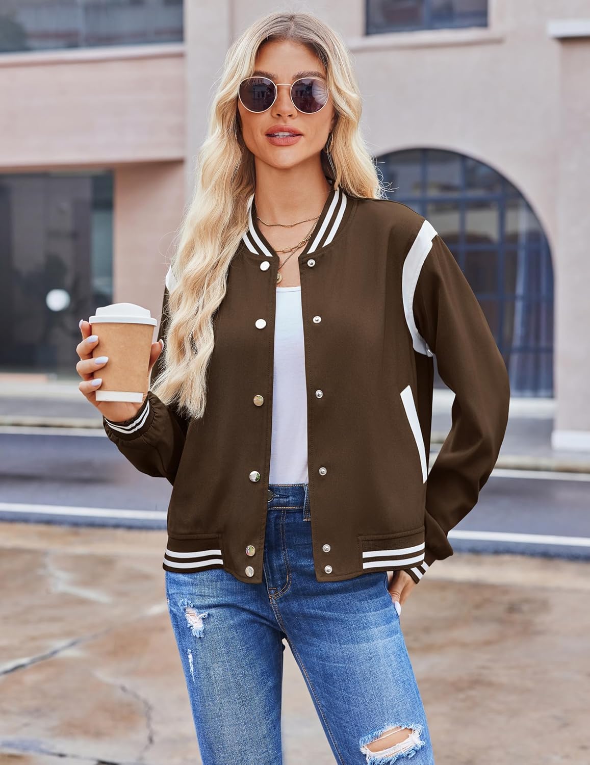 Zeagoo Bomber Jacket Women Varsity Casual Button Down Lightweight 2025 Fall Fashion Short School Outfits with Pockets