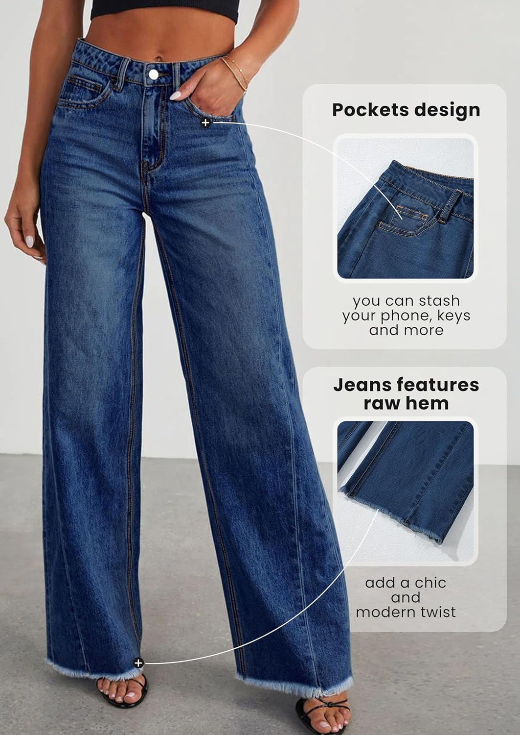 PRETTYGARDEN Wide Leg Jeans for Women Trendy 2025 High Waisted Stretchy Baggy Raw Hem Denim Palazzo Pants with Pockets