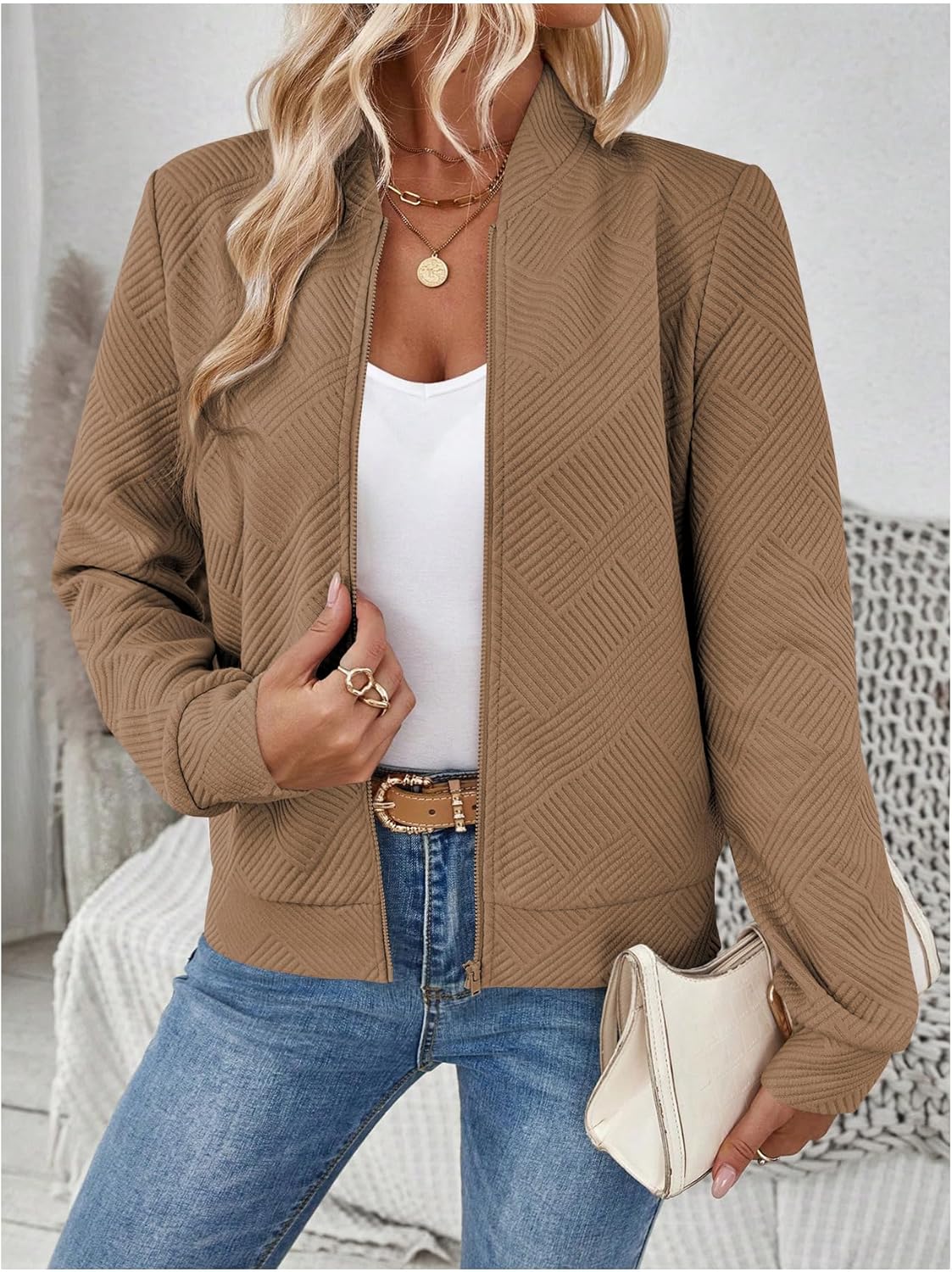 Verdusa Women's Zip Up Textured Lightweight Bomber Jacket Casual Long Sleeve Outerwear