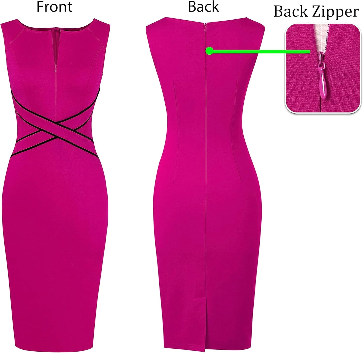 VFSHOW Womens Colorblock Patchwork Slim Front Zipper Work Business Office Party Bodycon Pencil Sheath Dress