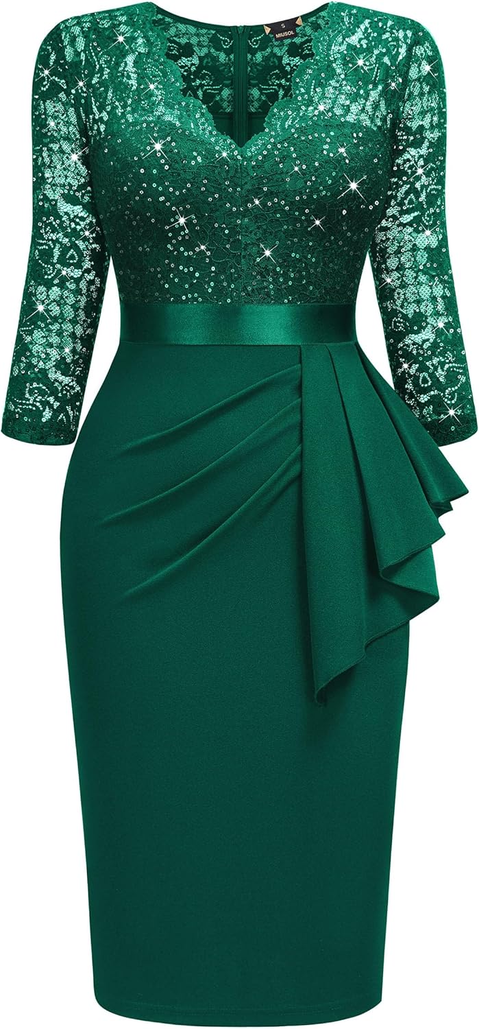 Miusol Women's Retro V Neck Floral Lace Ruffle Style Cocktail Party Dress