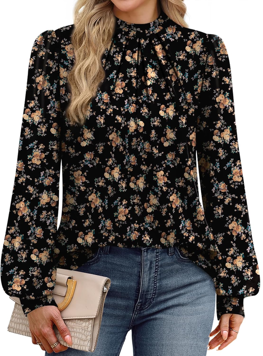 WIHOLL Long Sleeve Shirts for Women Mock Neck Tops Pleated Front Blouses Dressy Casual Fall Clothes 2025 Fashion