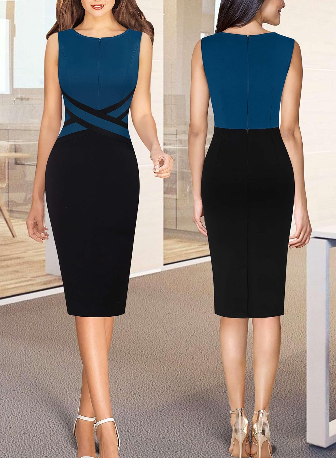 VFSHOW Womens Colorblock Patchwork Slim Front Zipper Work Business Office Party Bodycon Pencil Sheath Dress