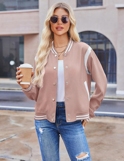 Zeagoo Bomber Jacket Women Varsity Casual Button Down Lightweight 2025 Fall Fashion Short School Outfits with Pockets