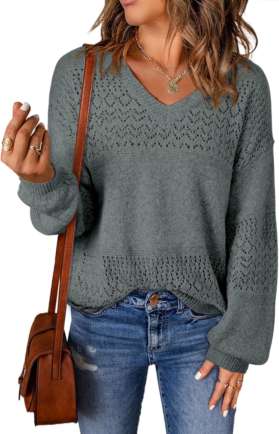 Womens Sweaters Causal Long Sleeve V Neck Lightweight Corchet Pullover Sweater Tops