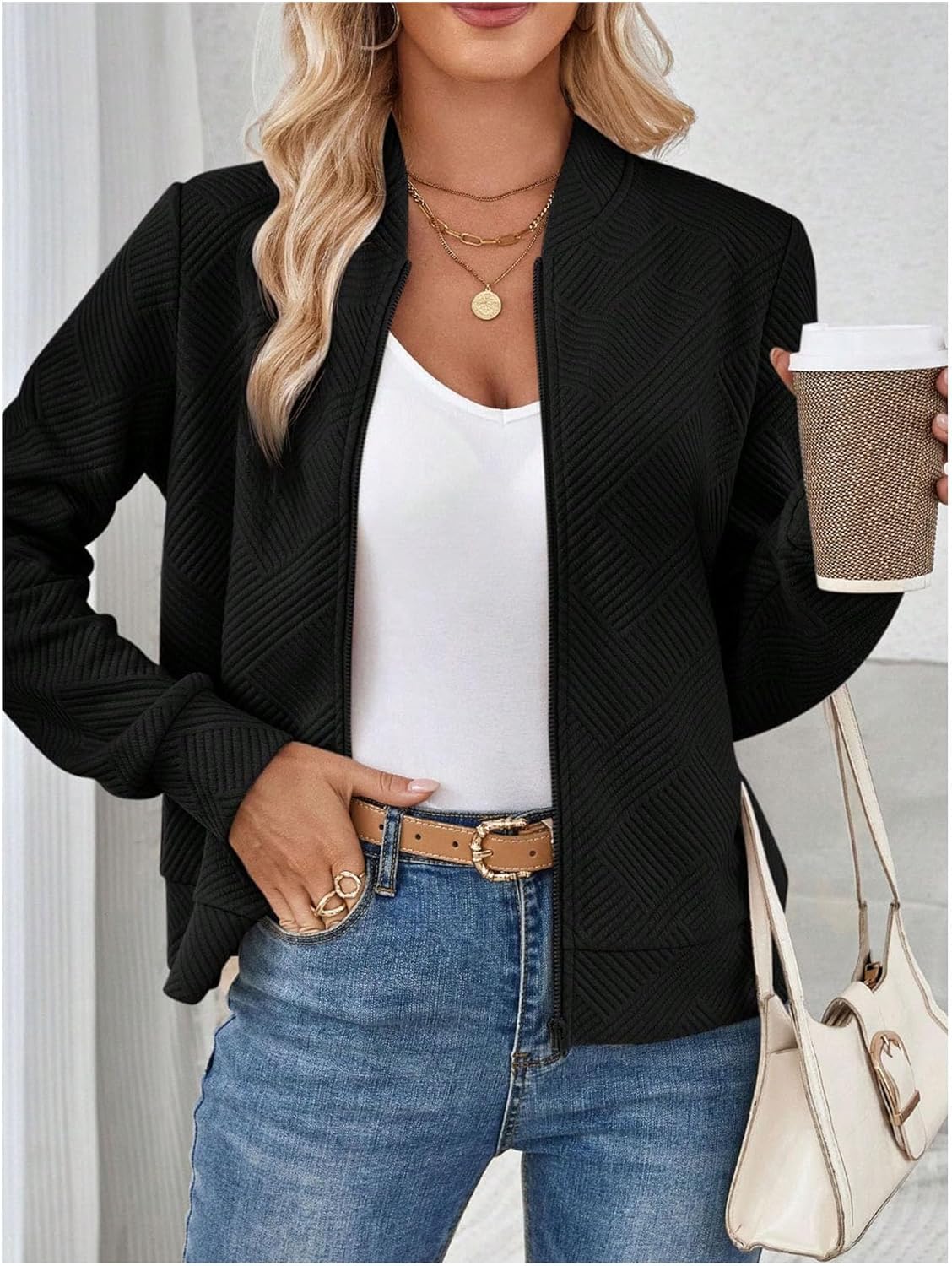 Verdusa Women's Zip Up Textured Lightweight Bomber Jacket Casual Long Sleeve Outerwear