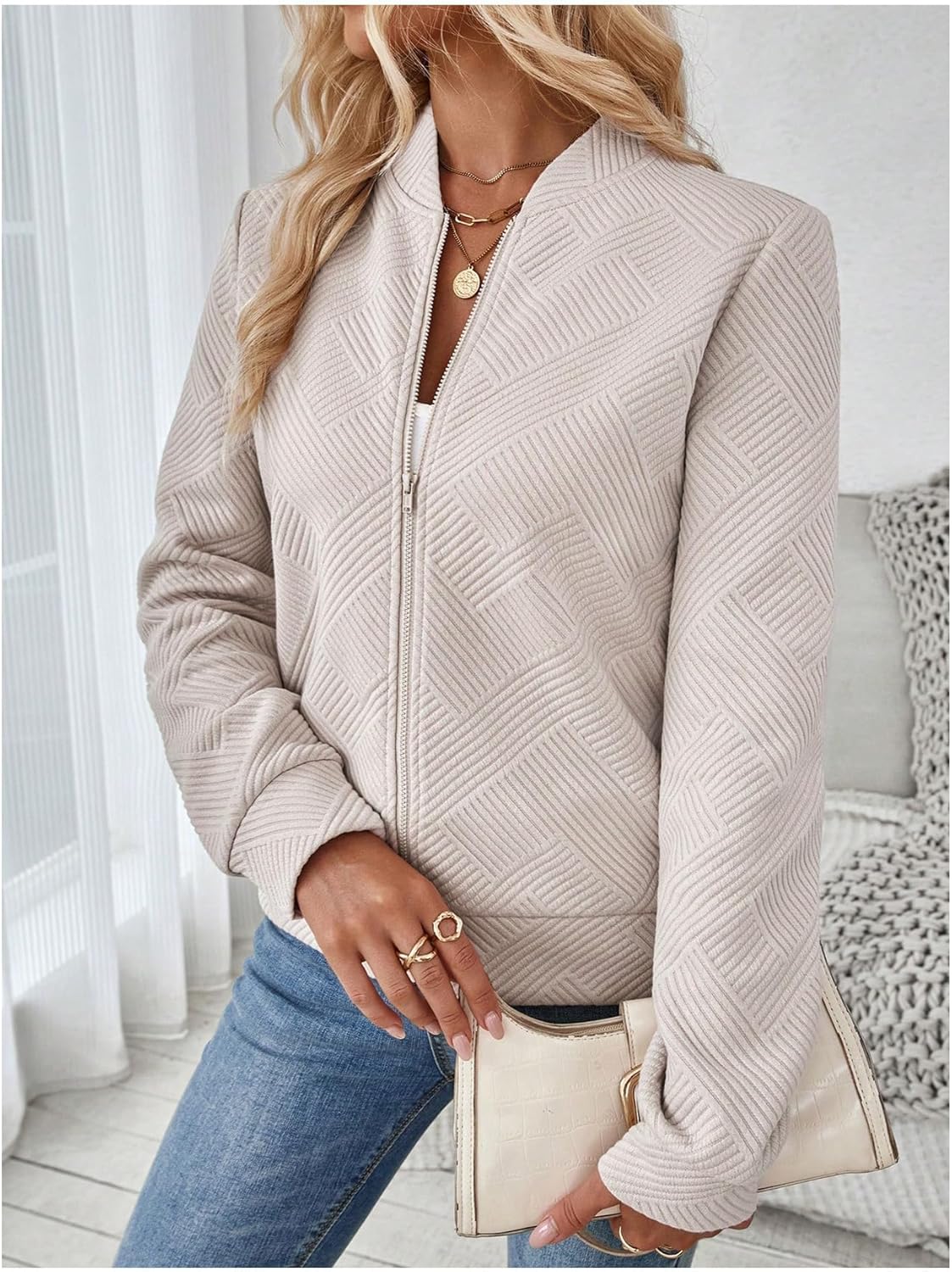 Verdusa Women's Zip Up Textured Lightweight Bomber Jacket Casual Long Sleeve Outerwear