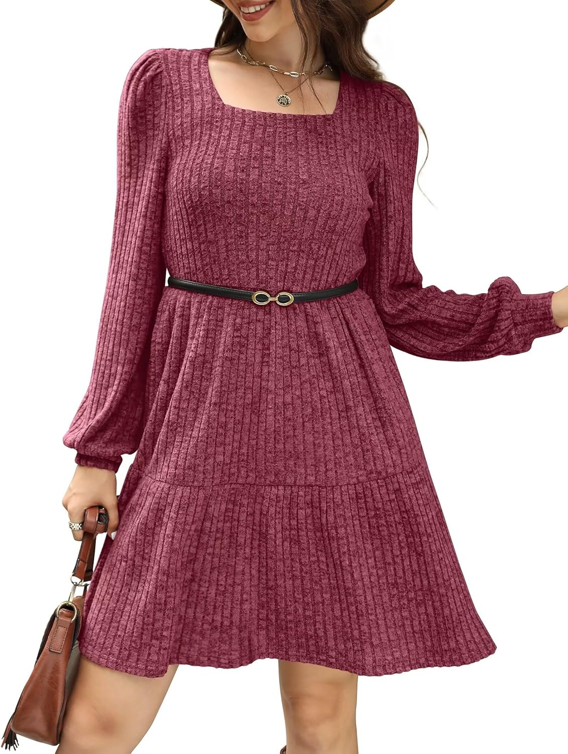 SAMPEEL Fall Dresses for Women 2025 Clothing Trendy Square Neck Long Sleeve A Line Sweater Dress with Pocket