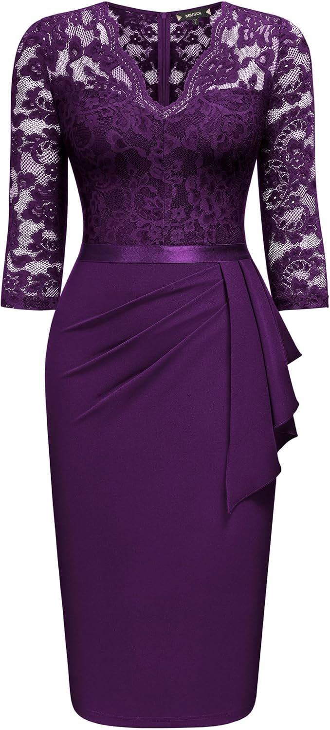 Miusol Women's Retro V Neck Floral Lace Ruffle Style Cocktail Party Dress