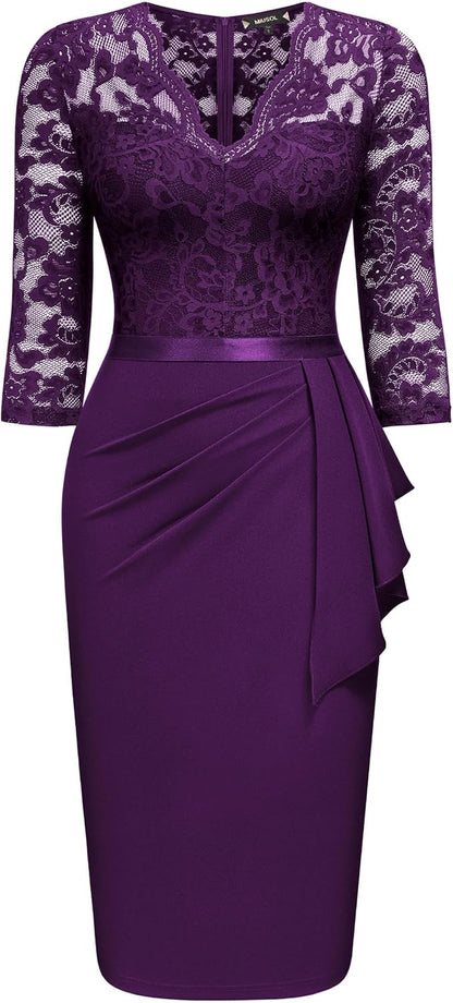 Miusol Women's Retro V Neck Floral Lace Ruffle Style Cocktail Party Dress