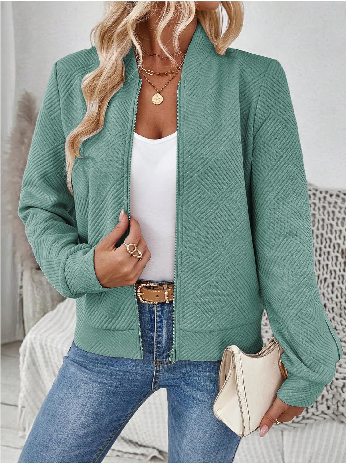 Verdusa Women's Zip Up Textured Lightweight Bomber Jacket Casual Long Sleeve Outerwear