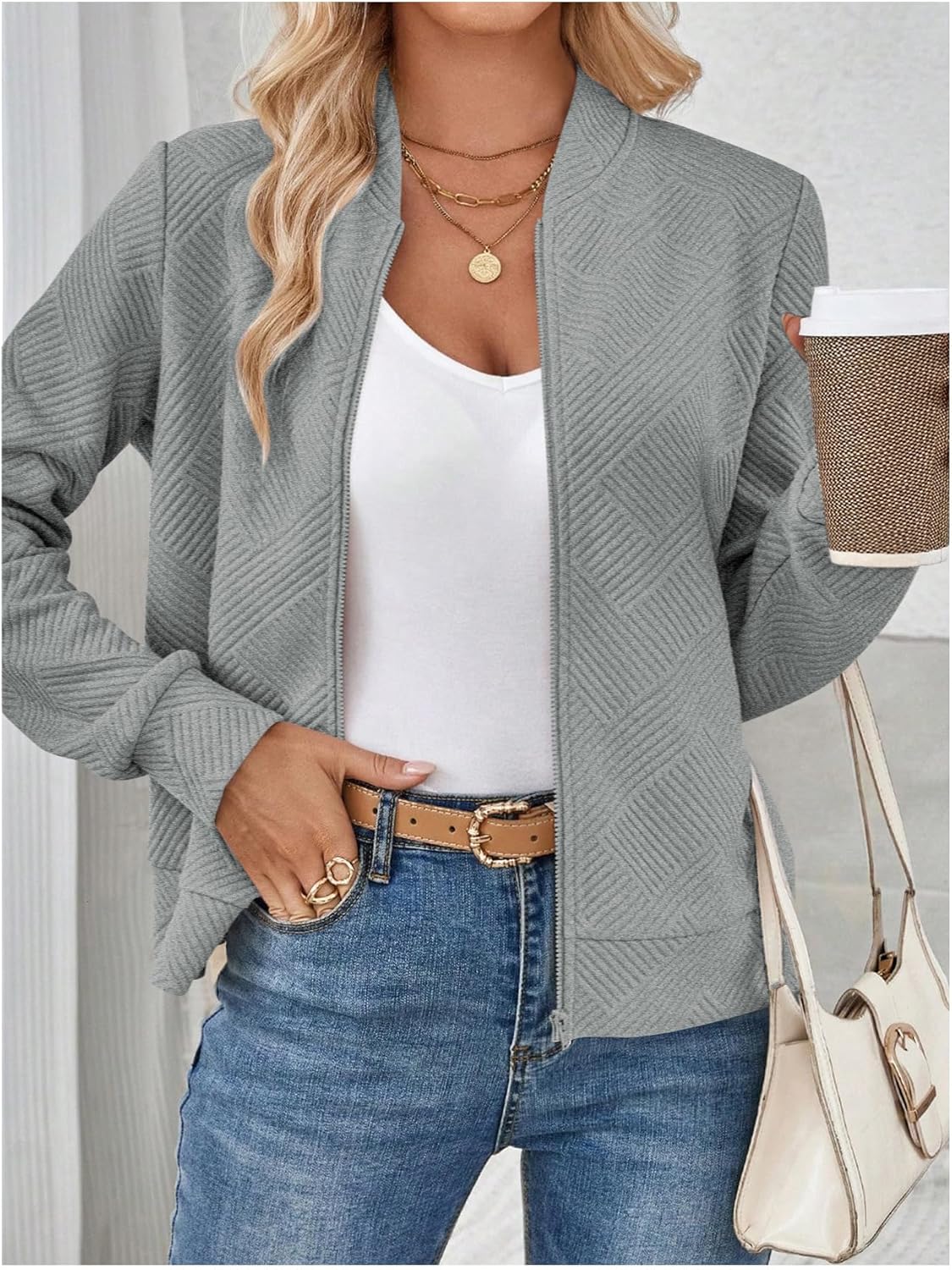 Verdusa Women's Zip Up Textured Lightweight Bomber Jacket Casual Long Sleeve Outerwear