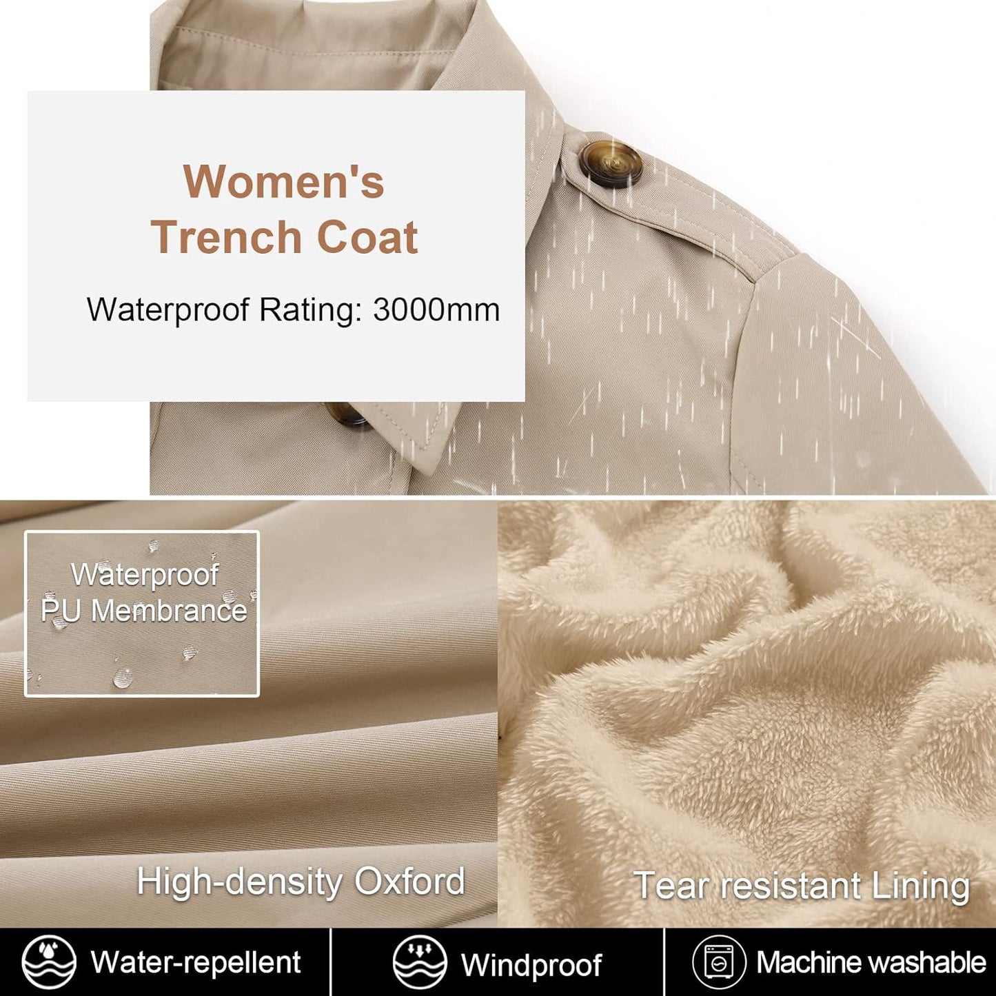 CREATMO US Women's Trench Coat Double-Breasted Classic Lapel Overcoat Belted Slim Outerwear Coat with Detachable Hood