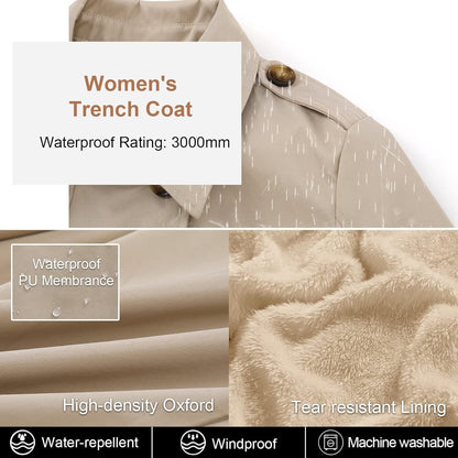 CREATMO US Women's Trench Coat Double-Breasted Classic Lapel Overcoat Belted Slim Outerwear Coat with Detachable Hood