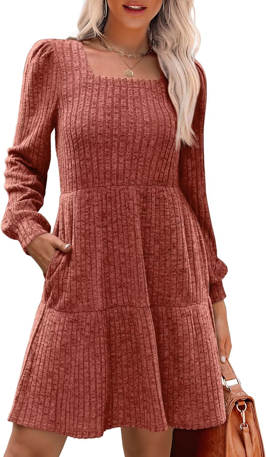 SAMPEEL Fall Dresses for Women 2025 Clothing Trendy Square Neck Long Sleeve A Line Sweater Dress with Pocket