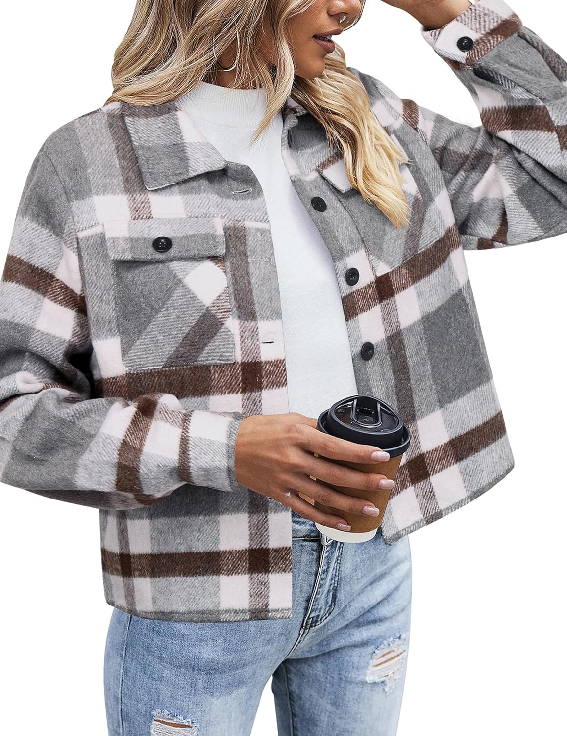 ZEAGOO Jackets for Women Cropped Flannel Plaid Shacket 2025 Fashion Button Down Shirt Coats Tops