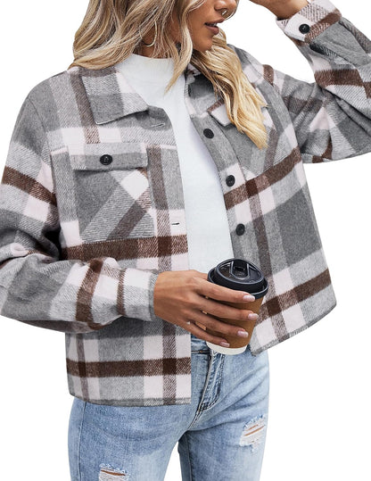 ZEAGOO Jackets for Women Cropped Flannel Plaid Shacket 2025 Fashion Button Down Shirt Coats Tops