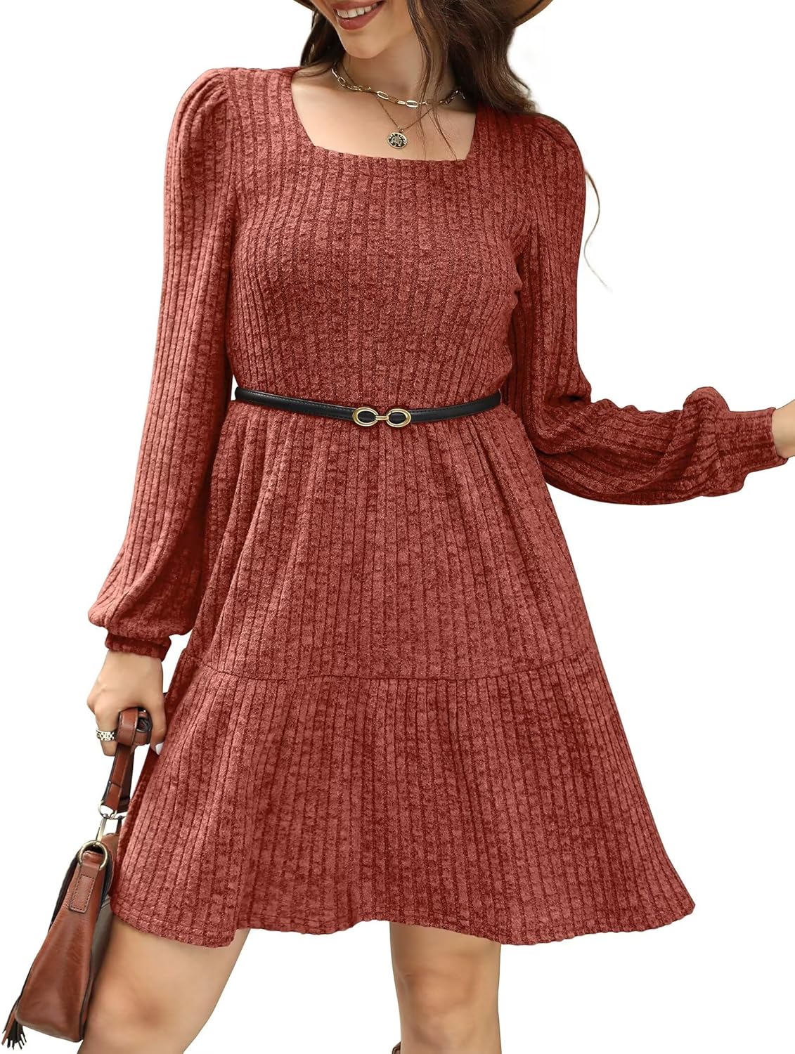 SAMPEEL Fall Dresses for Women 2025 Clothing Trendy Square Neck Long Sleeve A Line Sweater Dress with Pocket