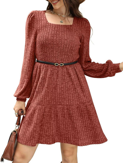 SAMPEEL Fall Dresses for Women 2025 Clothing Trendy Square Neck Long Sleeve A Line Sweater Dress with Pocket