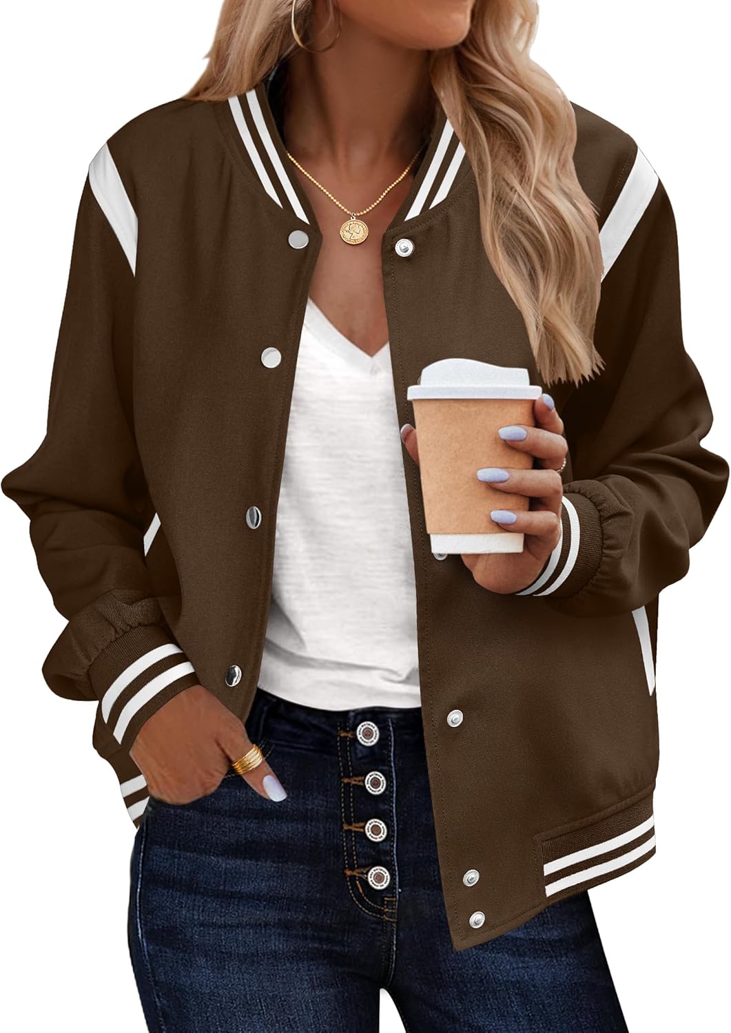 Zeagoo Bomber Jacket Women Varsity Casual Button Down Lightweight 2025 Fall Fashion Short School Outfits with Pockets