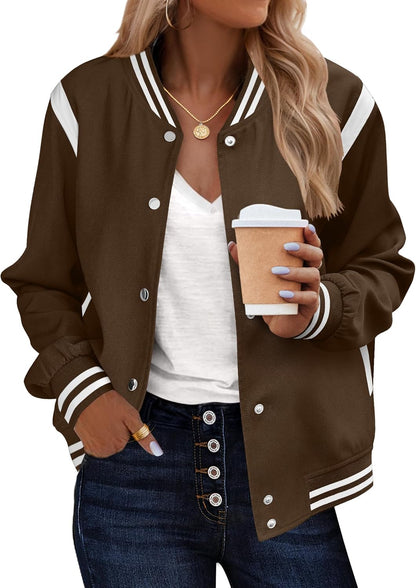 Zeagoo Bomber Jacket Women Varsity Casual Button Down Lightweight 2025 Fall Fashion Short School Outfits with Pockets