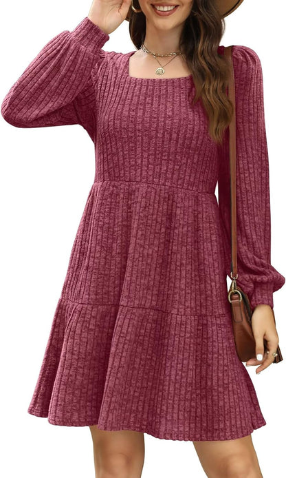 SAMPEEL Fall Dresses for Women 2025 Clothing Trendy Square Neck Long Sleeve A Line Sweater Dress with Pocket
