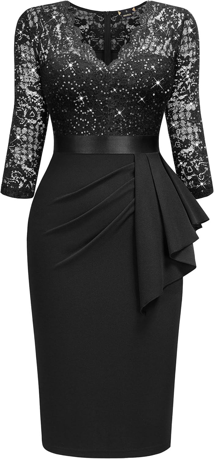 Miusol Women's Retro V Neck Floral Lace Ruffle Style Cocktail Party Dress