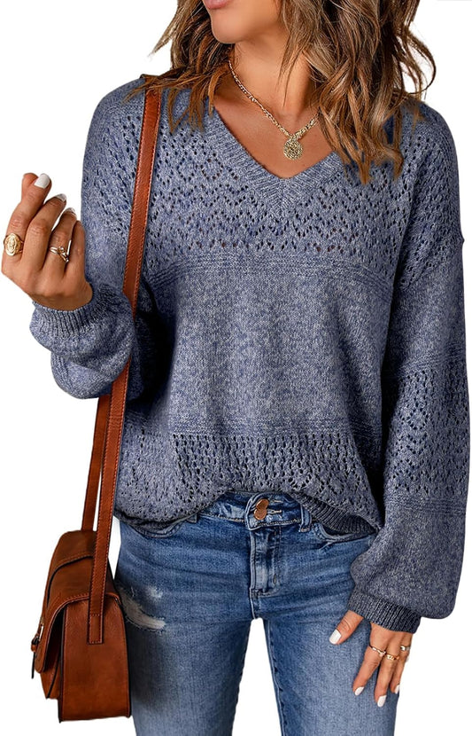 Womens Sweaters Causal Long Sleeve V Neck Lightweight Corchet Pullover Sweater Tops