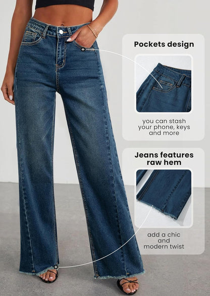 PRETTYGARDEN Wide Leg Jeans for Women Trendy 2025 High Waisted Stretchy Baggy Raw Hem Denim Palazzo Pants with Pockets